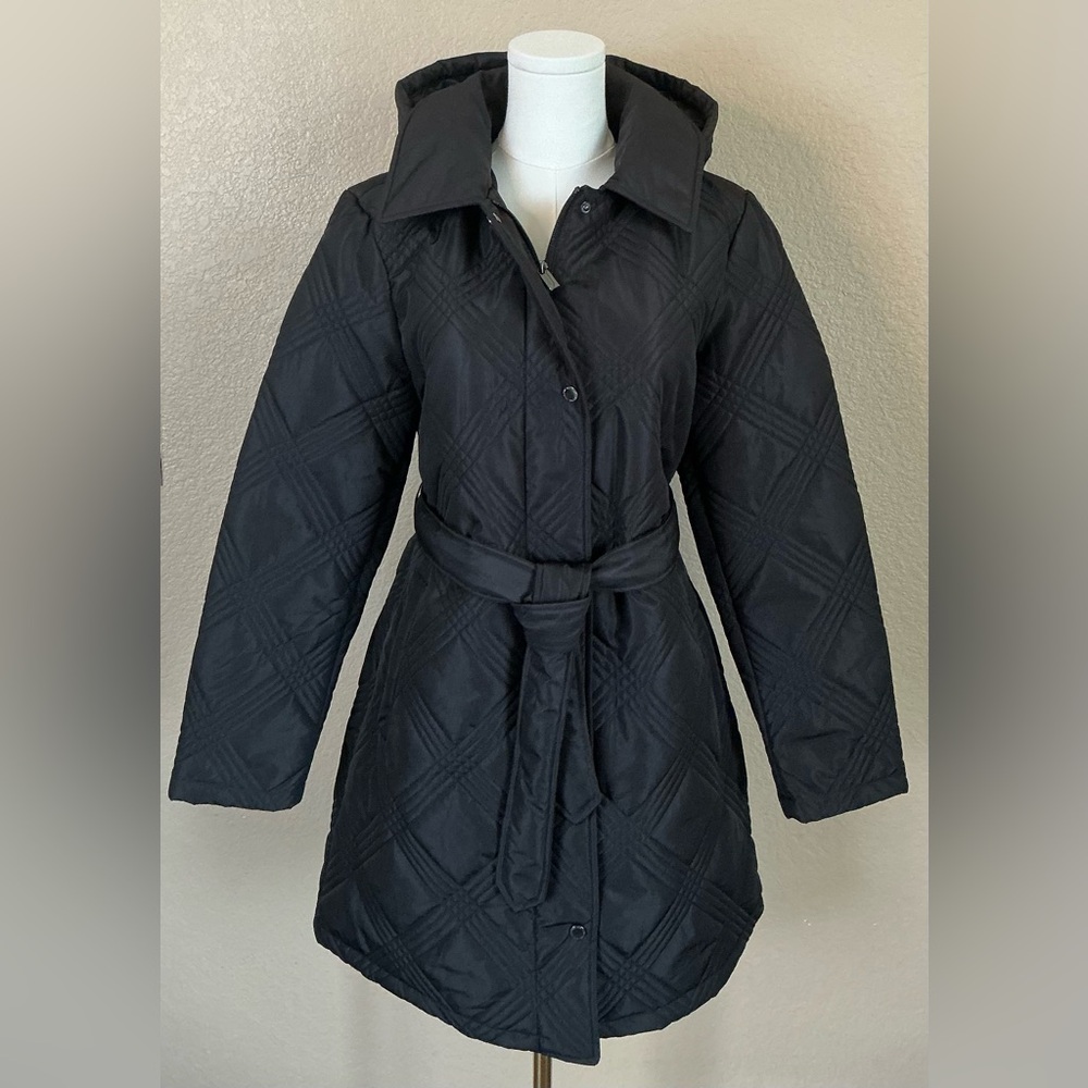 Jones New York Black Quilted Hooded Belted Coat Jacket Style - Size M
